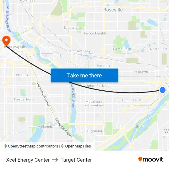Xcel Energy Center to Target Center map