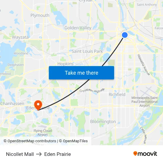 Nicollet Mall to Eden Prairie map