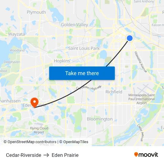Cedar-Riverside to Eden Prairie map