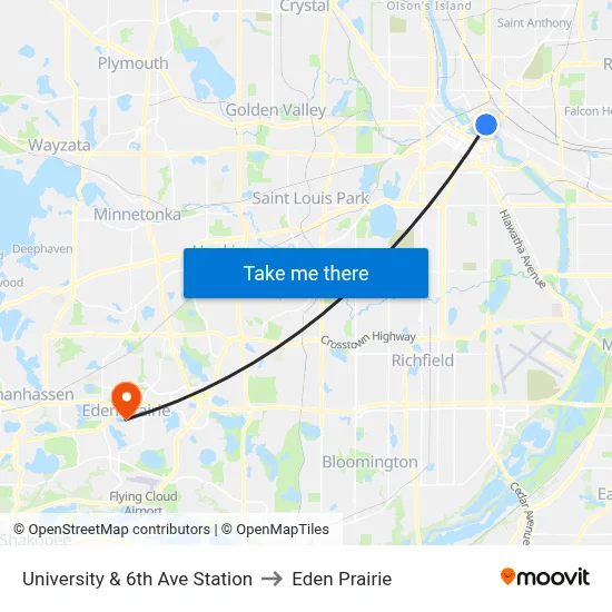 University & 6th Ave Station to Eden Prairie map