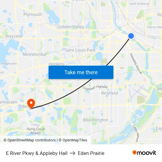 E River Pkwy & Appleby Hall to Eden Prairie map