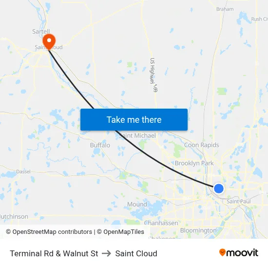 Terminal Rd & Walnut St to Saint Cloud map