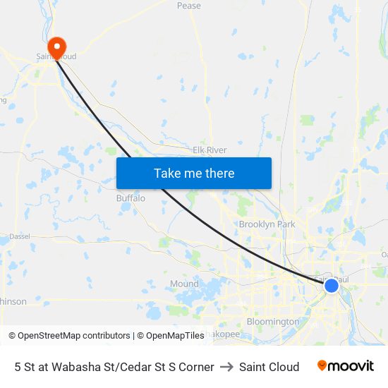 5 St at Wabasha St/Cedar St S Corner to Saint Cloud map