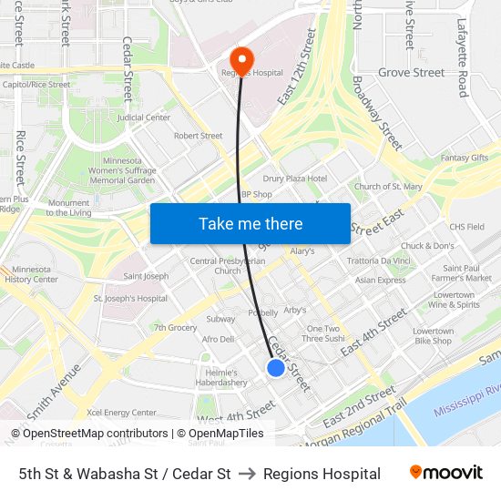 5th St & Wabasha St / Cedar St to Regions Hospital map