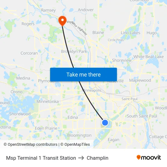 Msp Terminal 1 Transit Station to Champlin map