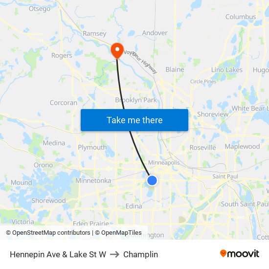 Hennepin Ave & Lake St W to Champlin map