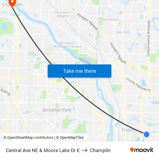 Central Ave NE & Moore Lake Dr E to Champlin map