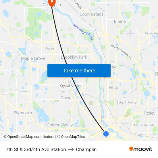 7th St & 3rd/4th Ave Station to Champlin map