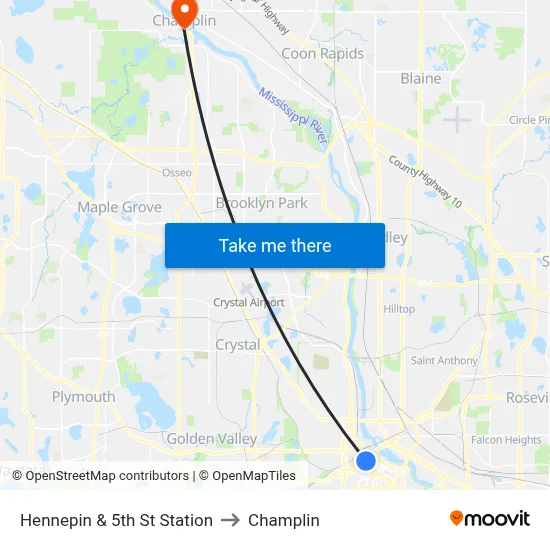 Hennepin & 5th St Station to Champlin map