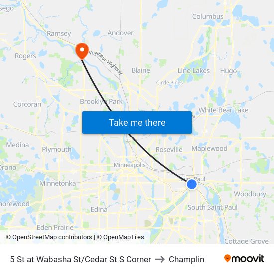 5 St at Wabasha St/Cedar St S Corner to Champlin map