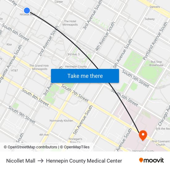 Nicollet Mall to Hennepin County Medical Center map