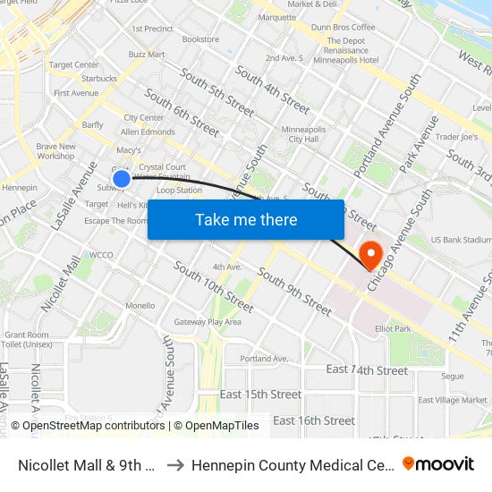 Nicollet Mall & 9th St S to Hennepin County Medical Center map