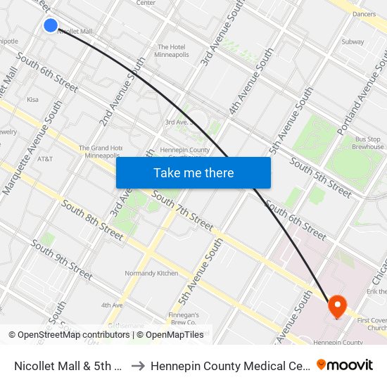 Nicollet Mall & 5th St S to Hennepin County Medical Center map