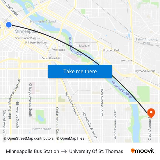 Minneapolis Bus Station to University Of St. Thomas map