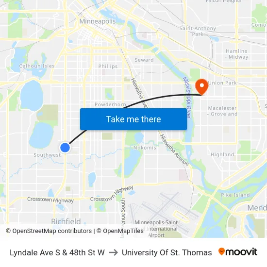 Lyndale Ave S & 48th St W to University Of St. Thomas map