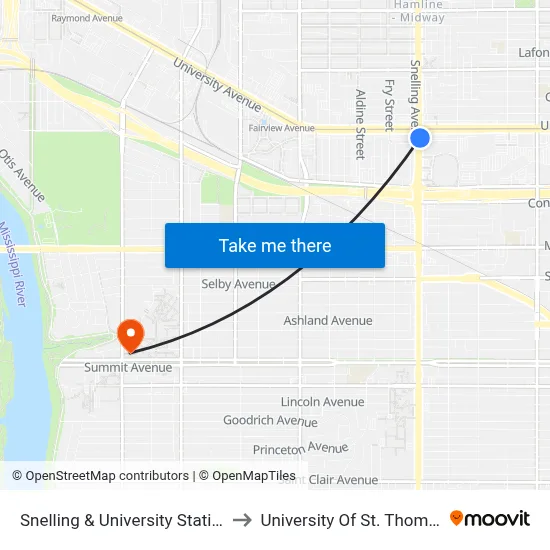 Snelling & University Station to University Of St. Thomas map
