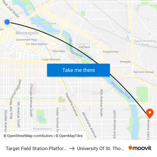 Target Field Station Platform 1 to University Of St. Thomas map