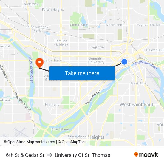 6th St & Cedar St to University Of St. Thomas map