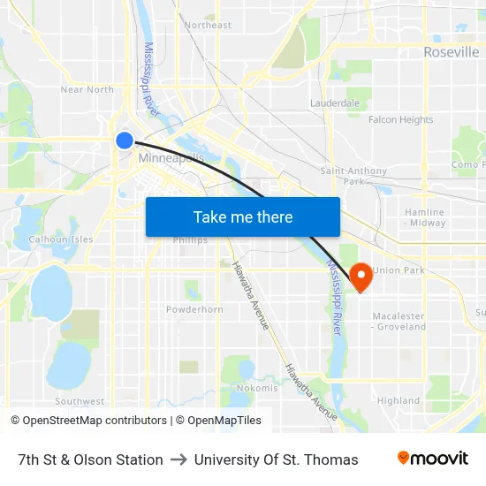 7th St & Olson Station to University Of St. Thomas map