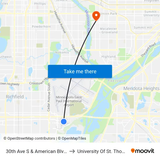 30th Ave S & American Blvd E to University Of St. Thomas map