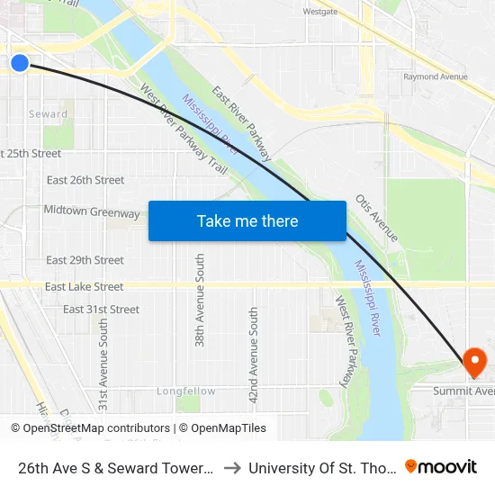26th Ave S & Seward Tower West to University Of St. Thomas map