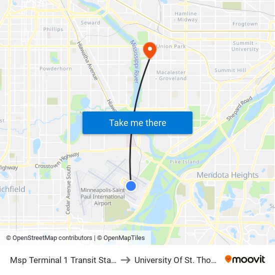 Msp Terminal 1 Transit Station to University Of St. Thomas map