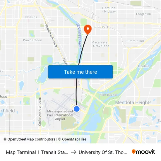 Msp Terminal 1 Transit Station to University Of St. Thomas map