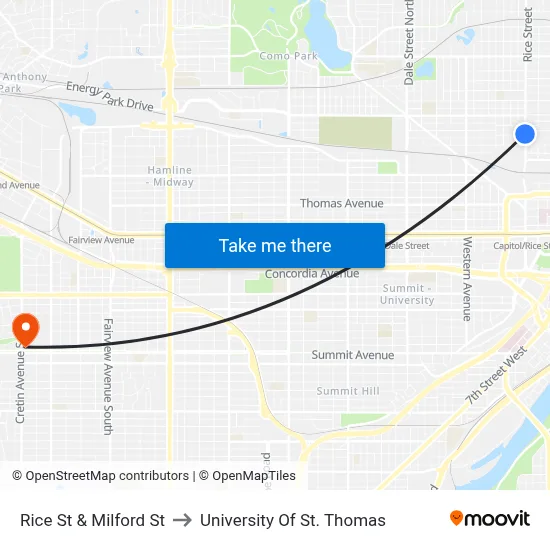 Rice St & Milford St to University Of St. Thomas map