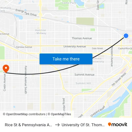 Rice St & Pennsylvania Ave to University Of St. Thomas map