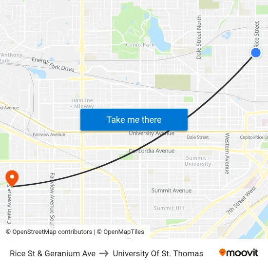 Rice St & Geranium Ave to University Of St. Thomas map