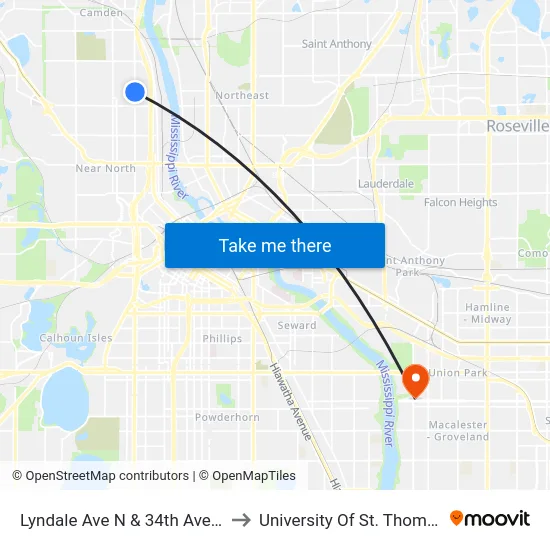 Lyndale Ave N & 34th Ave N to University Of St. Thomas map