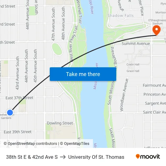 38th St E & 42nd Ave S to University Of St. Thomas map