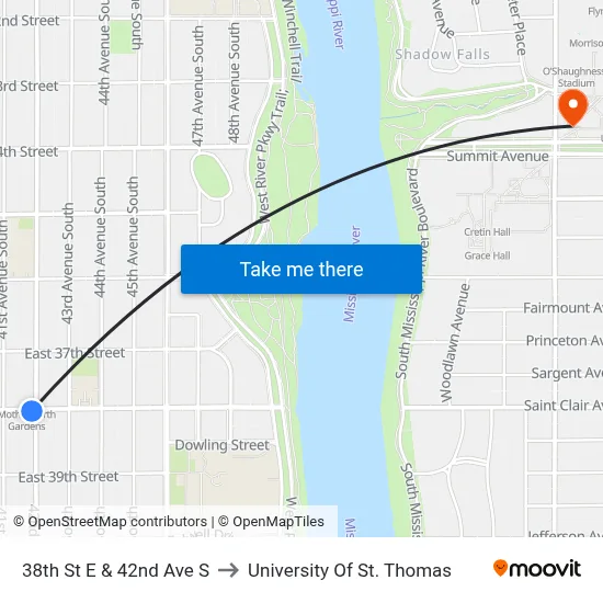 38th St E & 42nd Ave S to University Of St. Thomas map