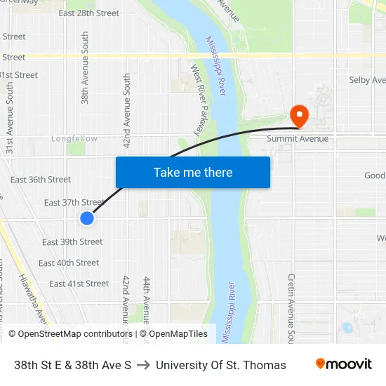 38th St E & 38th Ave S to University Of St. Thomas map