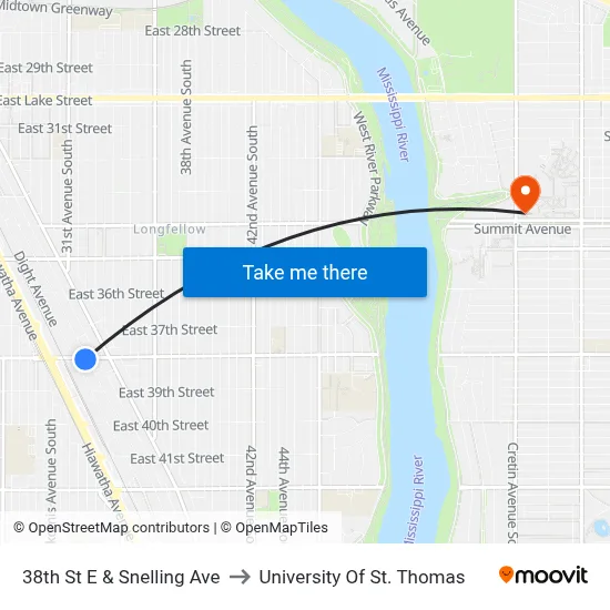 38th St E & Snelling Ave to University Of St. Thomas map