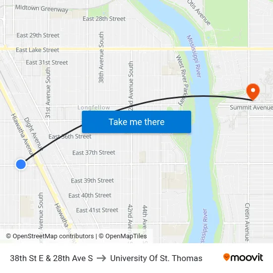 38th St E & 28th Ave S to University Of St. Thomas map