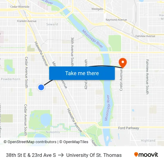 38th St E & 23rd Ave S to University Of St. Thomas map