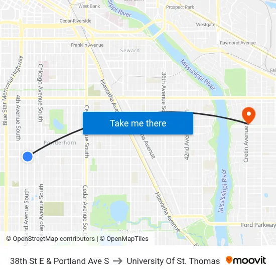 38th St E & Portland Ave S to University Of St. Thomas map
