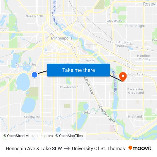 Hennepin Ave & Lake St W to University Of St. Thomas map