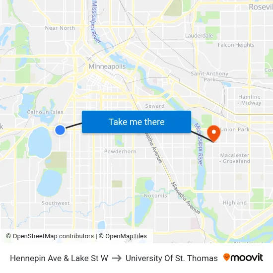 Hennepin Ave & Lake St W to University Of St. Thomas map