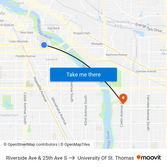 Riverside Ave & 25th Ave S to University Of St. Thomas map