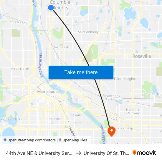 44th Ave NE & University Service Rd to University Of St. Thomas map