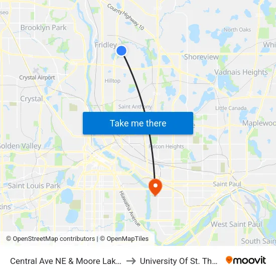 Central Ave NE & Moore Lake Dr E to University Of St. Thomas map