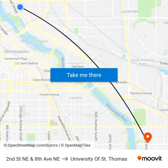 2nd St NE & 8th Ave NE to University Of St. Thomas map