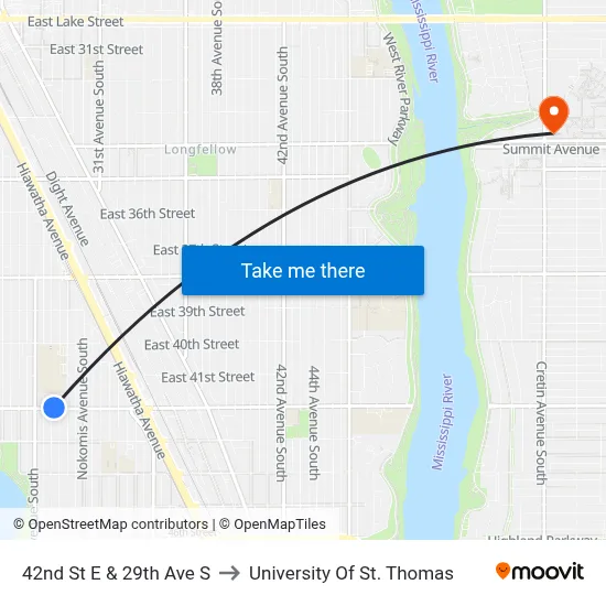 42nd St E & 29th Ave S to University Of St. Thomas map