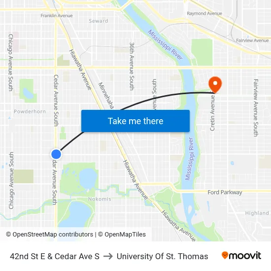 42nd St E & Cedar Ave S to University Of St. Thomas map