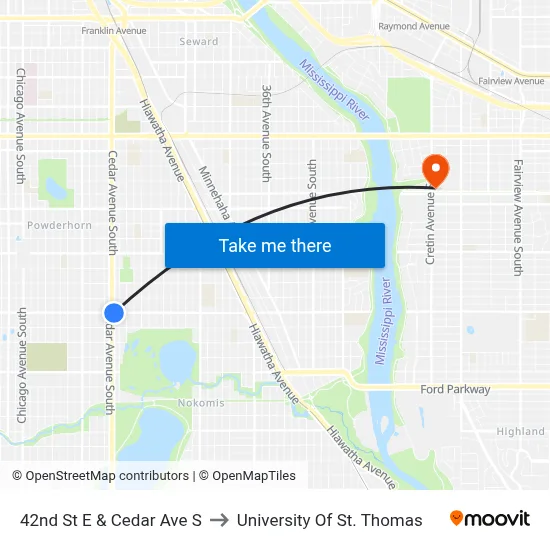 42nd St E & Cedar Ave S to University Of St. Thomas map