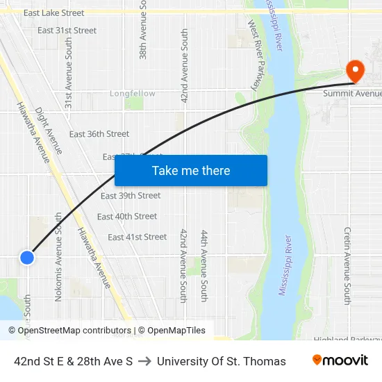 42nd St E & 28th Ave S to University Of St. Thomas map