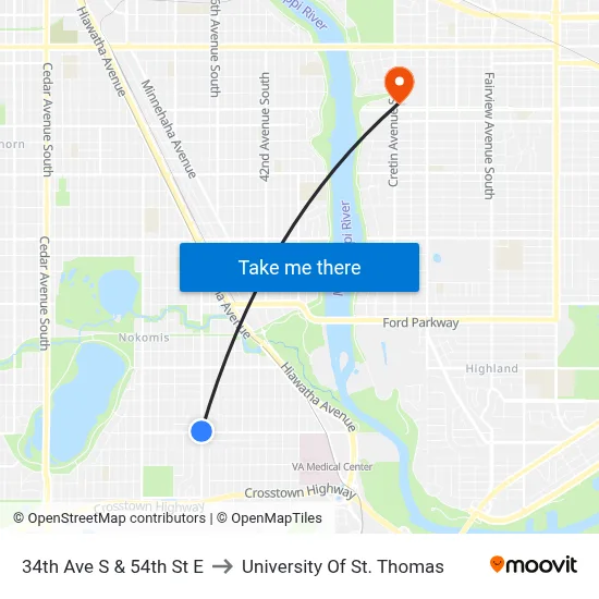 34th Ave S & 54th St E to University Of St. Thomas map
