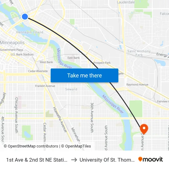 1st Ave & 2nd St NE Station to University Of St. Thomas map